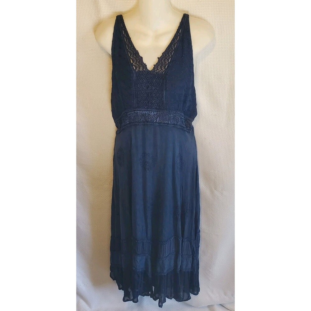 Advance Apparels Sz L Blue Dress Boho Embroidered Whimsygoth Hippie Smocked Midi